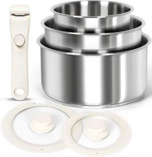 MICHELANGELO 6pcs Stainless Steel Pot Set with Removable Handle, Triply Base Stainless Steel Saucepan with Lids, Detachable Handle Saucepan Set, Induction Compatible - White