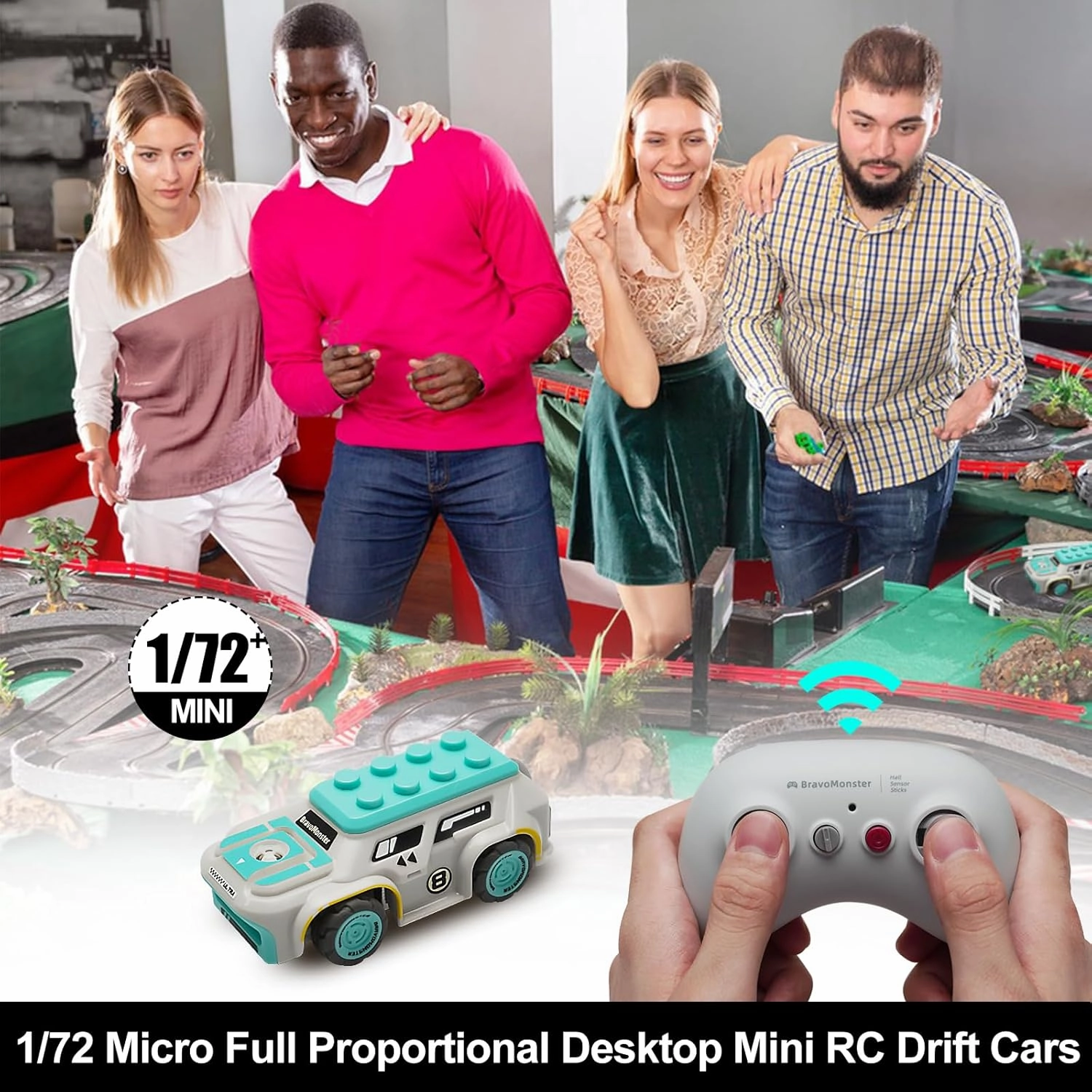 Micro RC Car 1:72 Full Proportional Hall Sensor Mini RC Drift Car for Desktop on Track Play with Expandable Connection Components, Gifts for Adults and Kids with Rechargeable Battery