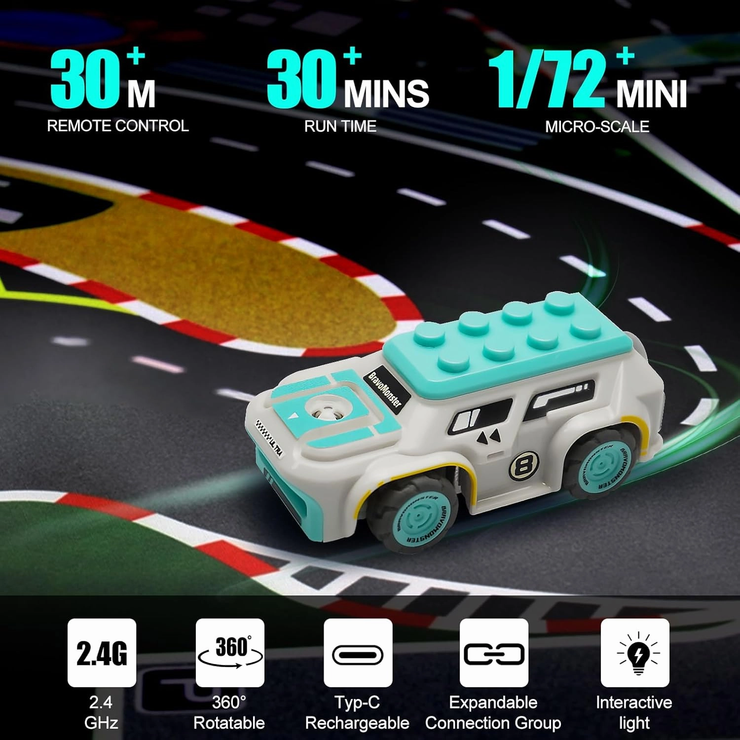 Micro RC Car 1:72 Full Proportional Hall Sensor Mini RC Drift Car for Desktop on Track Play with Expandable Connection Components, Gifts for Adults and Kids with Rechargeable Battery