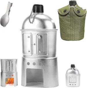 Military Canteen Set of 4, Canteen Cup Stove Pouch Kit, Can Cook Food, Aluminum Water Canteen Cup Stove Pouch Set for Outdoor Survival Camping Hiking Backpacking