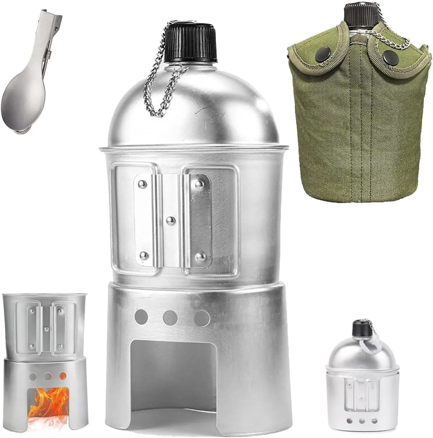 Military Canteen Set of 4, Canteen Cup Stove Pouch Kit, Can Cook Food, Aluminum Water Canteen Cup Stove Pouch Set for Outdoor Survival Camping Hiking Backpacking