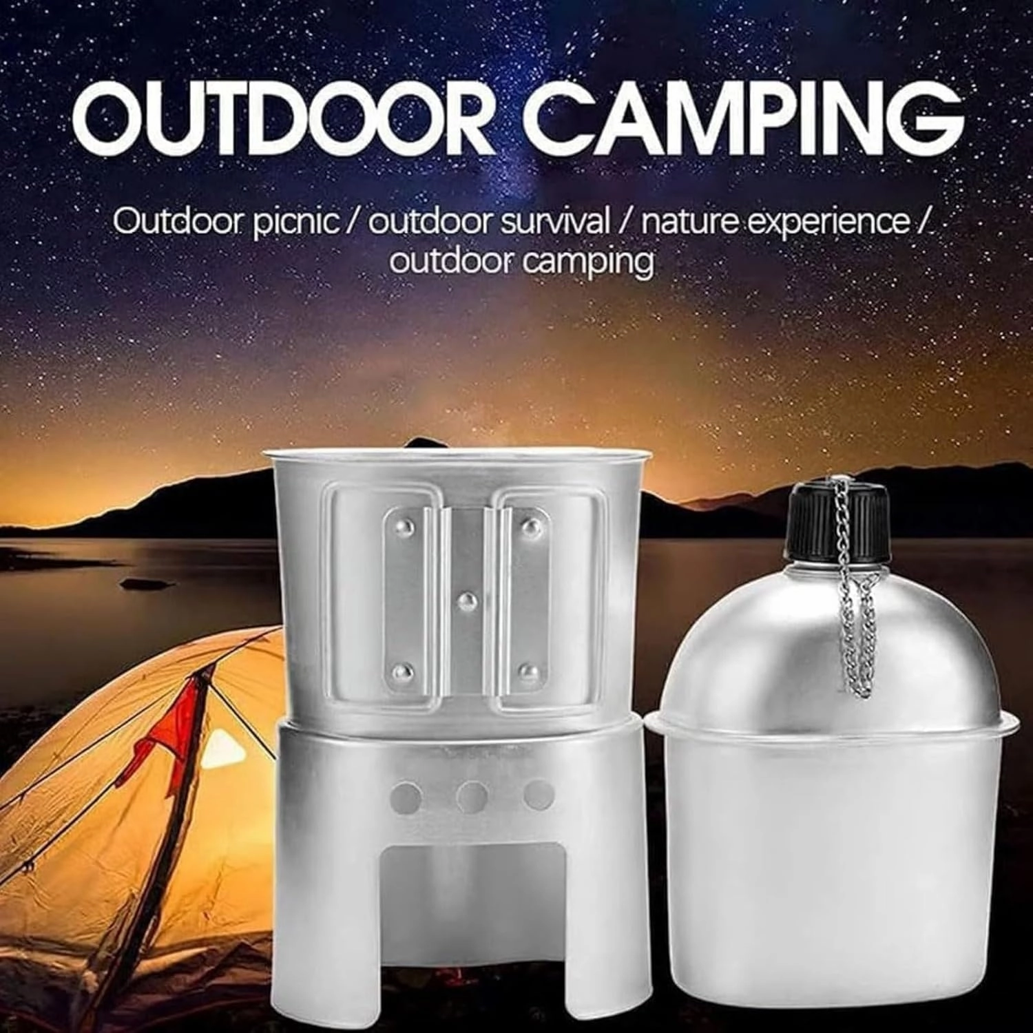 Military Canteen Set of 4, Canteen Cup Stove Pouch Kit, Aluminum Flask, Foldable Stove & Utensils, Compact Survival Gear for Camping & Hiking