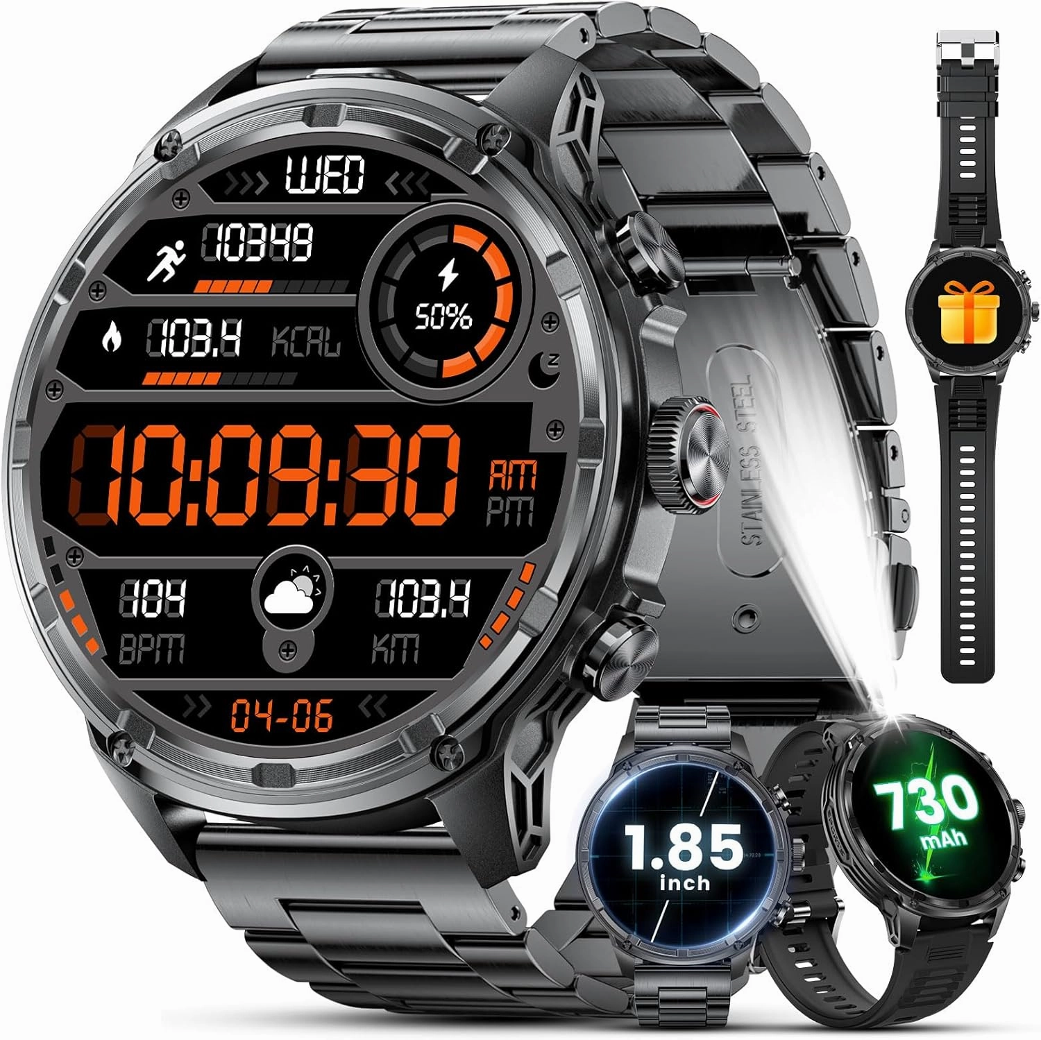 Military Smart Watches for Men with 80-Days Standby(710mAh)/Flashlight/50M Waterproof/1.85" HD Large Screen,100  Sports Fitness Tracker Watch,Pedometer Mens Smart Watch for Android iPhone
