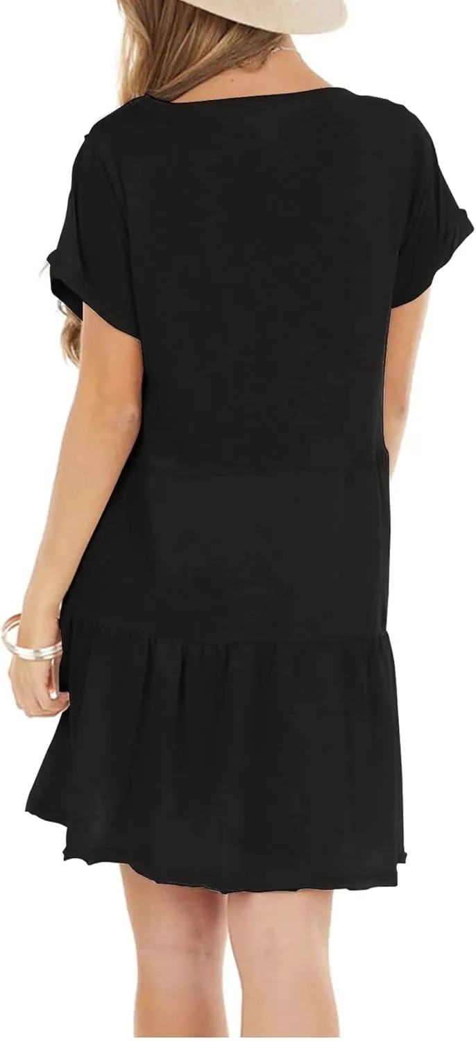 Minclouse Women's Short Sleeve Flowy Swing T Shirt Dress Baby Doll Cute Casual Pockets Dresses