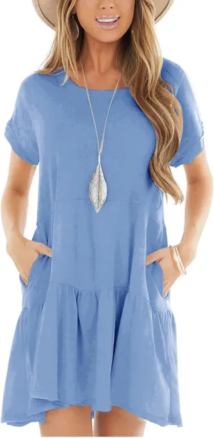 Minclouse Women's Short Sleeve Flowy Swing T Shirt Dress Baby Doll Cute Casual Pockets Dresses