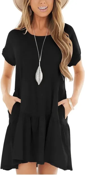 Minclouse Women's Short Sleeve Flowy Swing T Shirt Dress Baby Doll Cute Casual Pockets Dresses