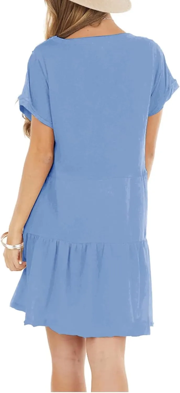 Minclouse Women's Short Sleeve Flowy Swing T Shirt Dress Baby Doll Cute Casual Pockets Dresses