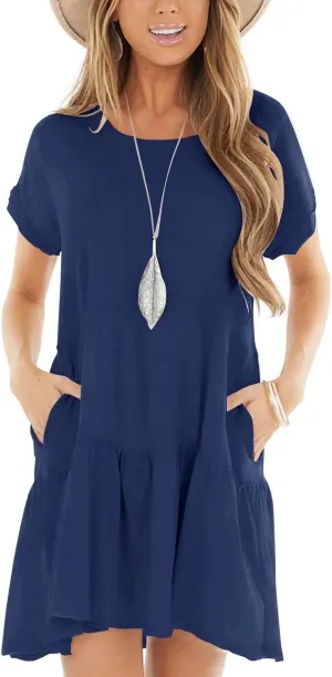 Minclouse Women's Short Sleeve Flowy Swing T Shirt Dress Baby Doll Cute Casual Pockets Dresses