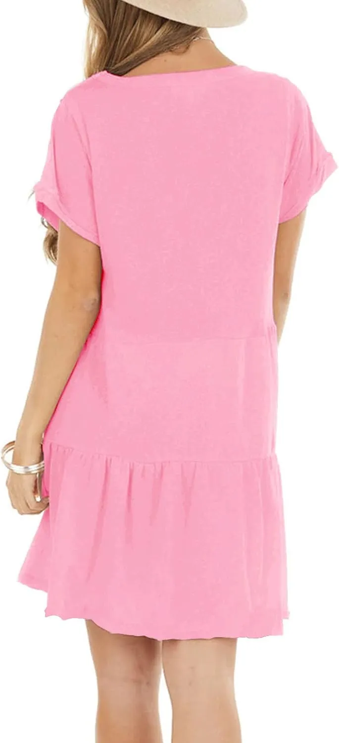 Minclouse Women's Short Sleeve Flowy Swing T Shirt Dress Baby Doll Cute Casual Pockets Dresses