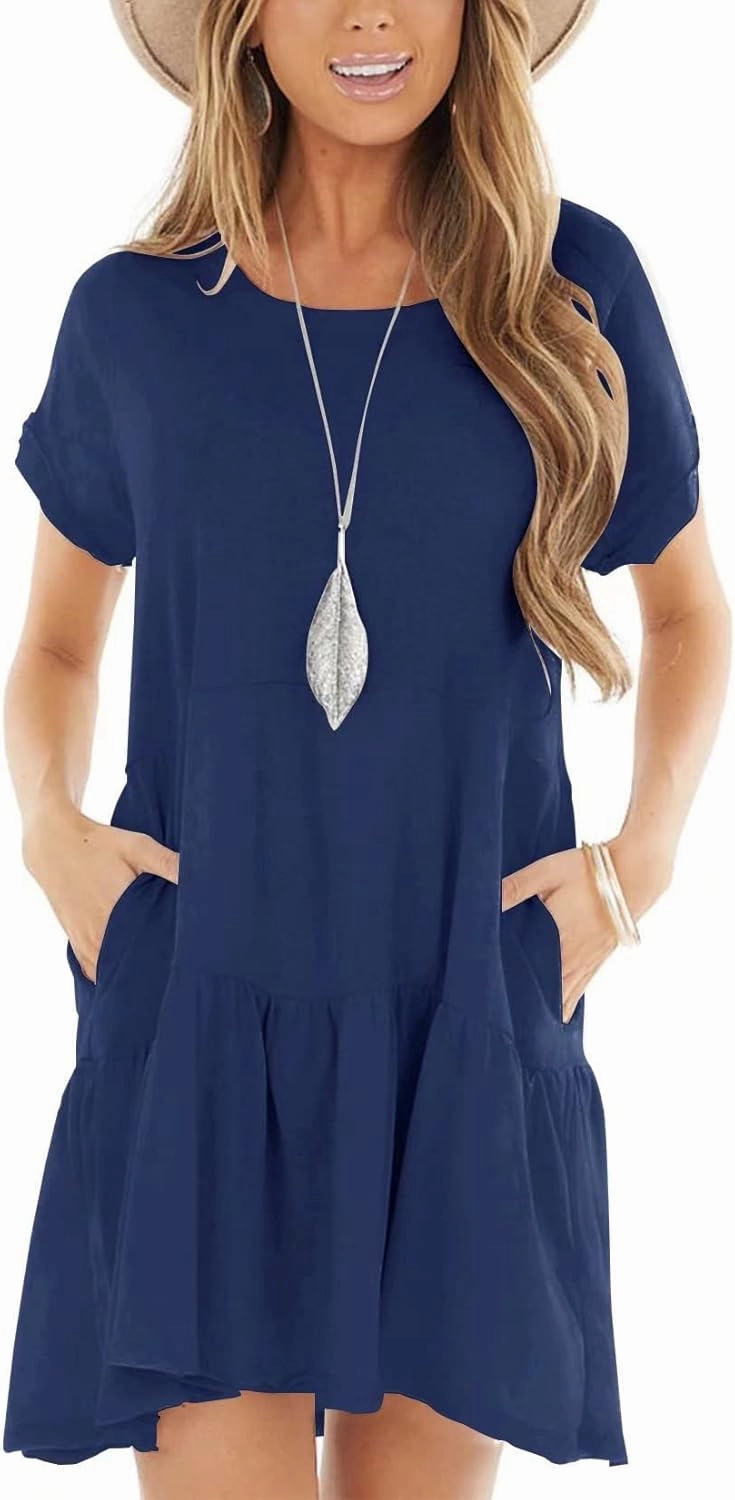 Minclouse Women's Short Sleeve Flowy Swing T Shirt Dress Baby Doll Cute Casual Pockets Dresses