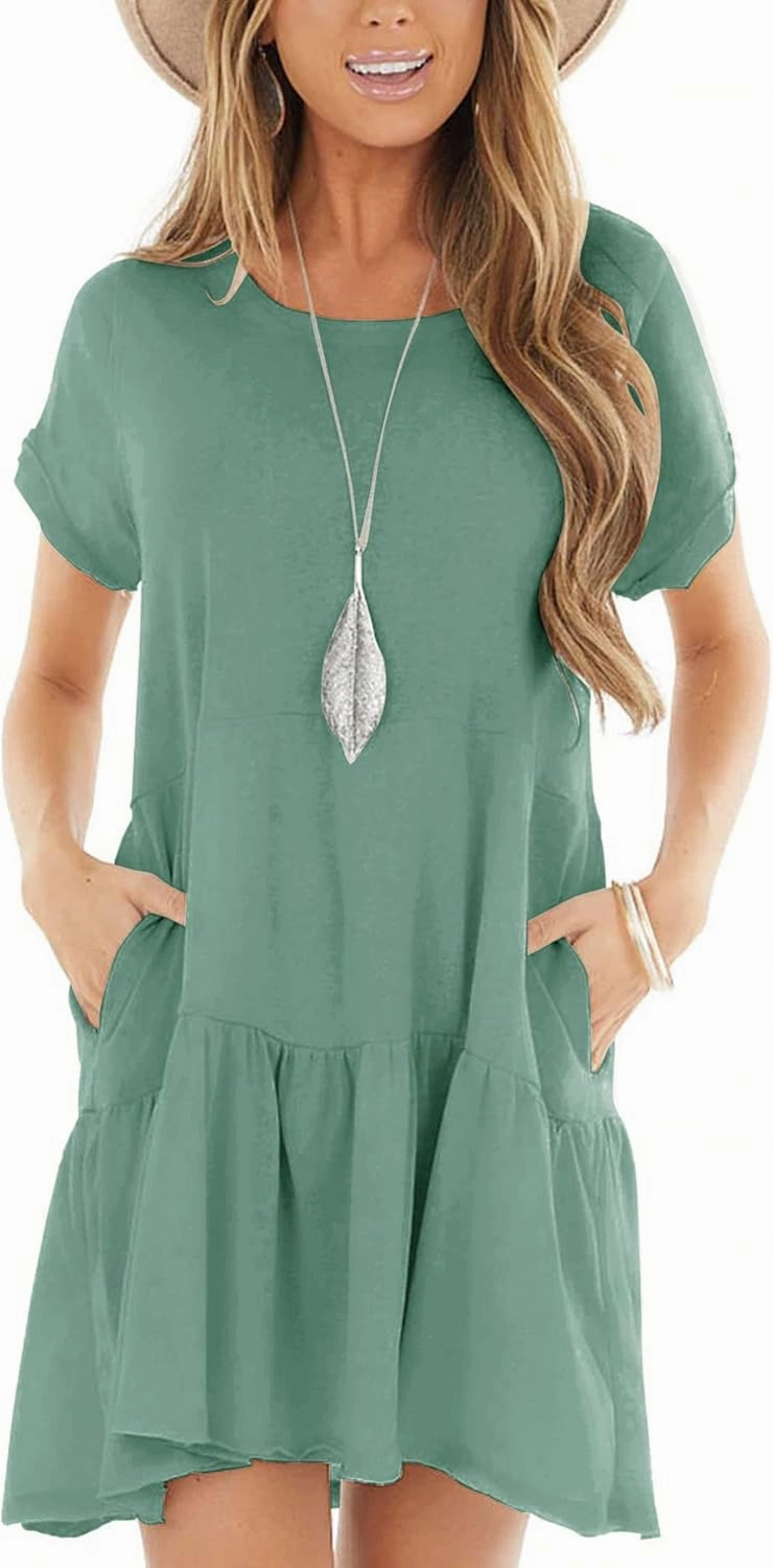 Minclouse Women's Short Sleeve Flowy Swing T Shirt Dress Baby Doll Cute Casual Pockets Dresses