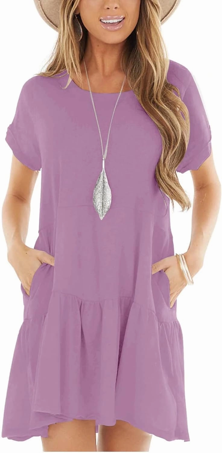Minclouse Women's Short Sleeve Flowy Swing T Shirt Dress Baby Doll Cute Casual Pockets Dresses