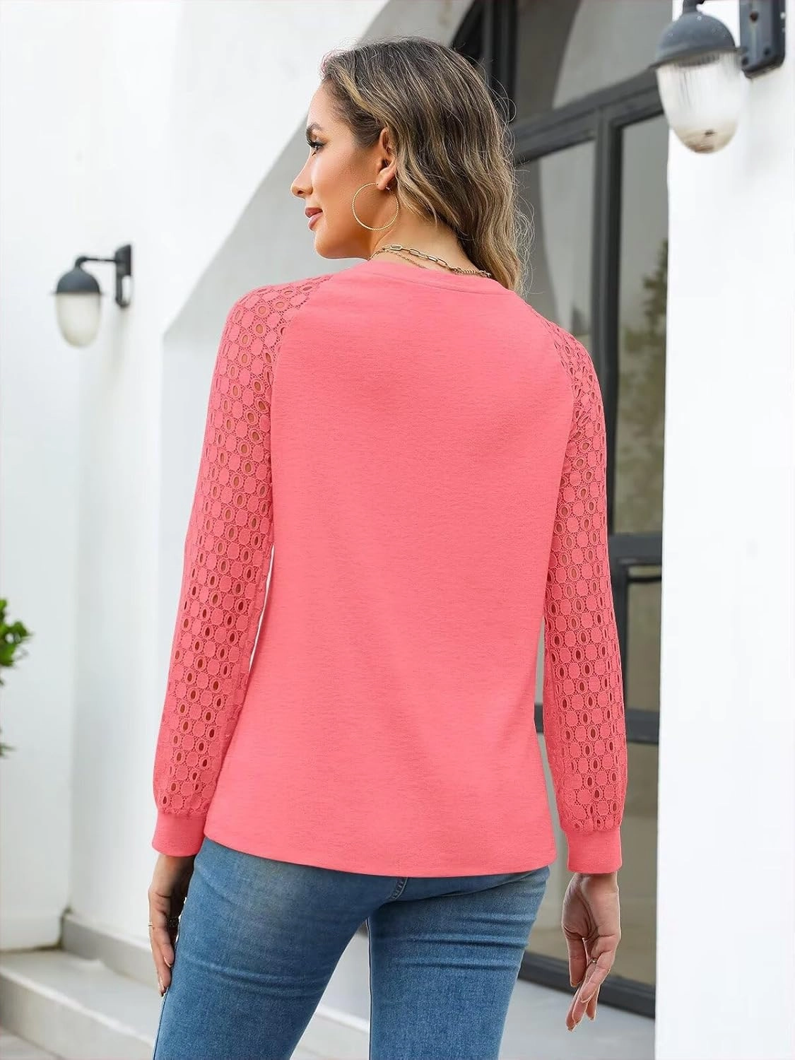 Minetom Women's Lace Long Sleeve Tops Henley Shirts Casual Blouses T Shirts Fall Clothes