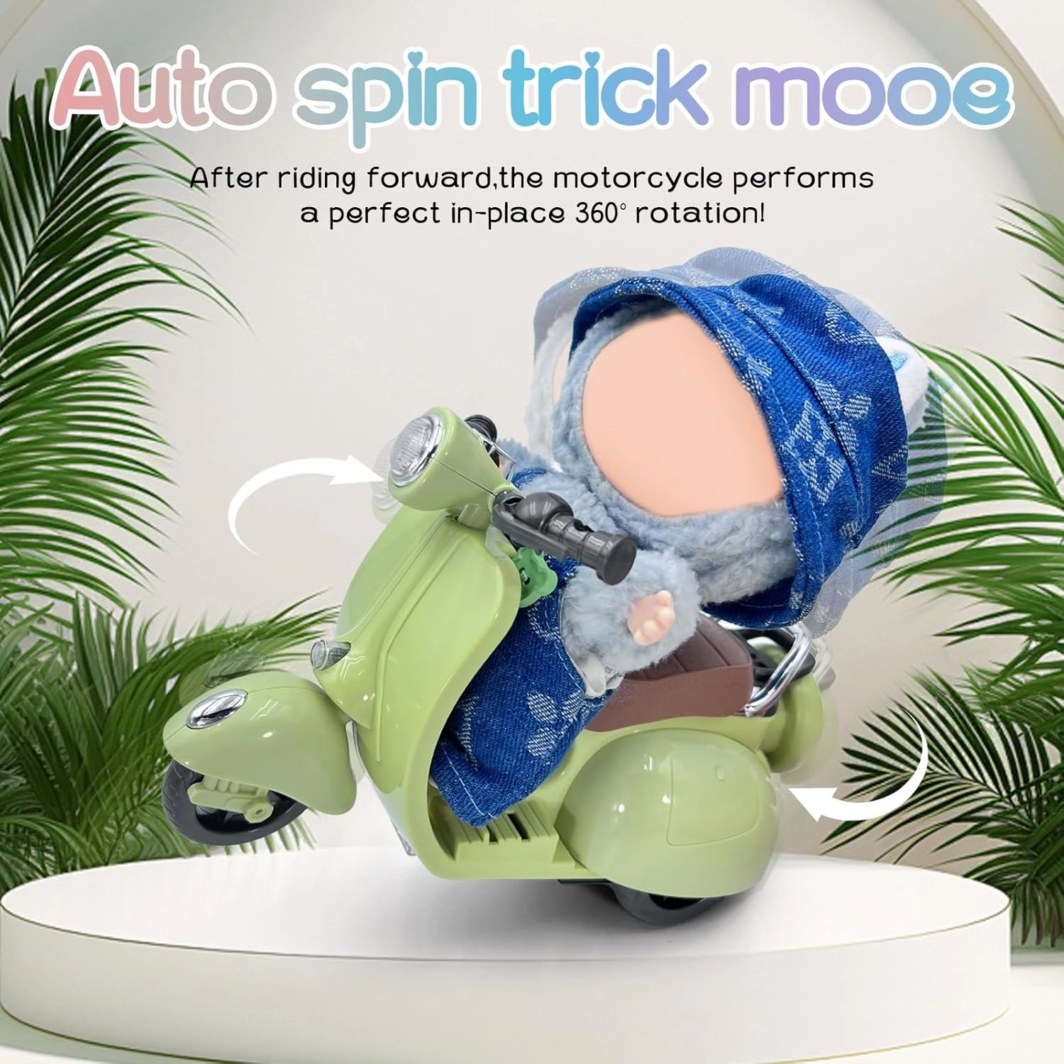 Mini Electric Doll Scooter Vehicles Toy with LED Lights & Music for La-bubu, Rotate 360° Cute Scooter Toy for Dolls, Decor Desktop Ornaments for Labuu Collectors Battery Not Included (Green)