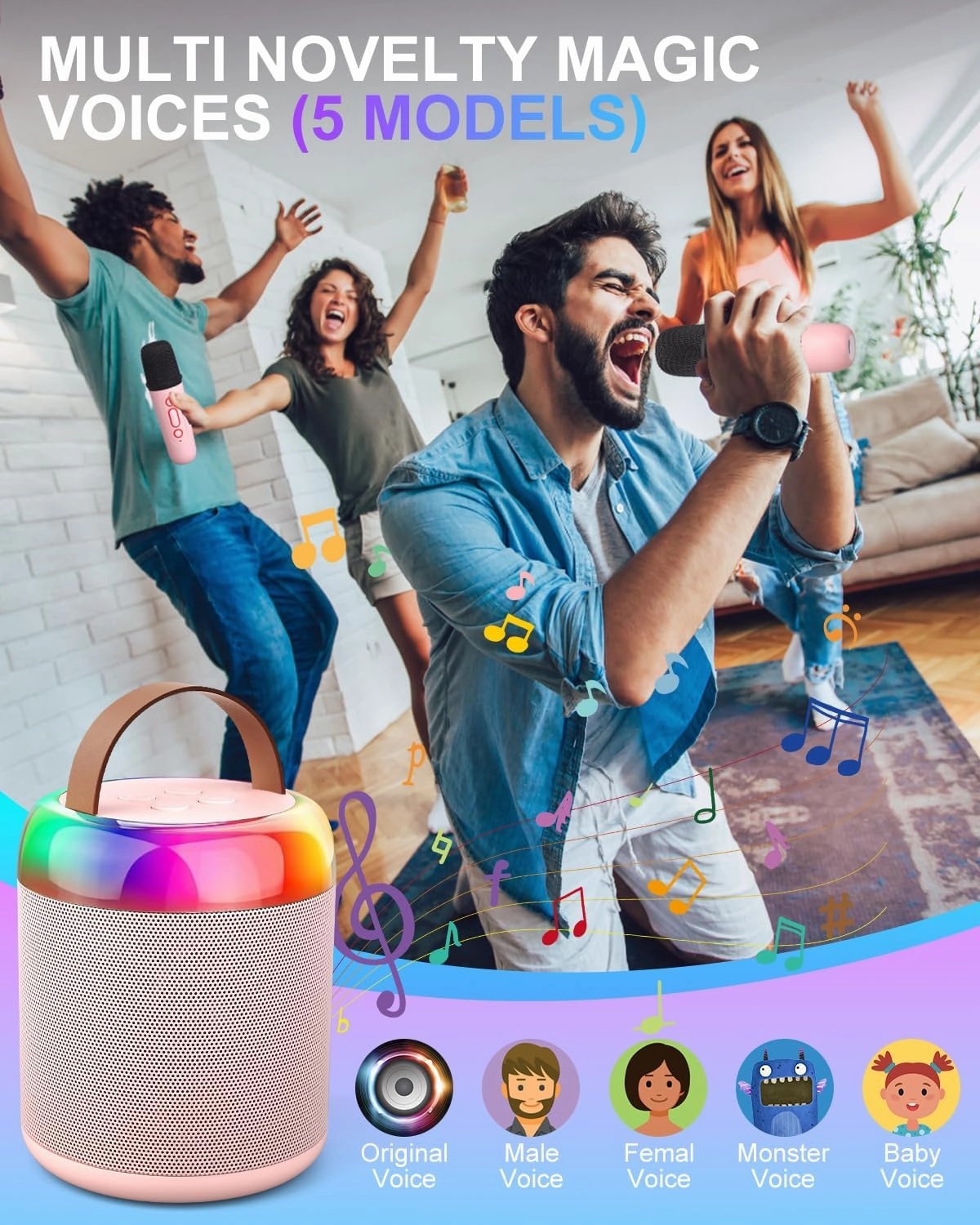 Mini Party Karaoke Machine Toy for Kids Audlts, Portable Led Karaoke Toy Speaker with 2 Wireless Microphones for Girls Boys Birthday, Holiday Stocking Stuffer Party Favors Supplies