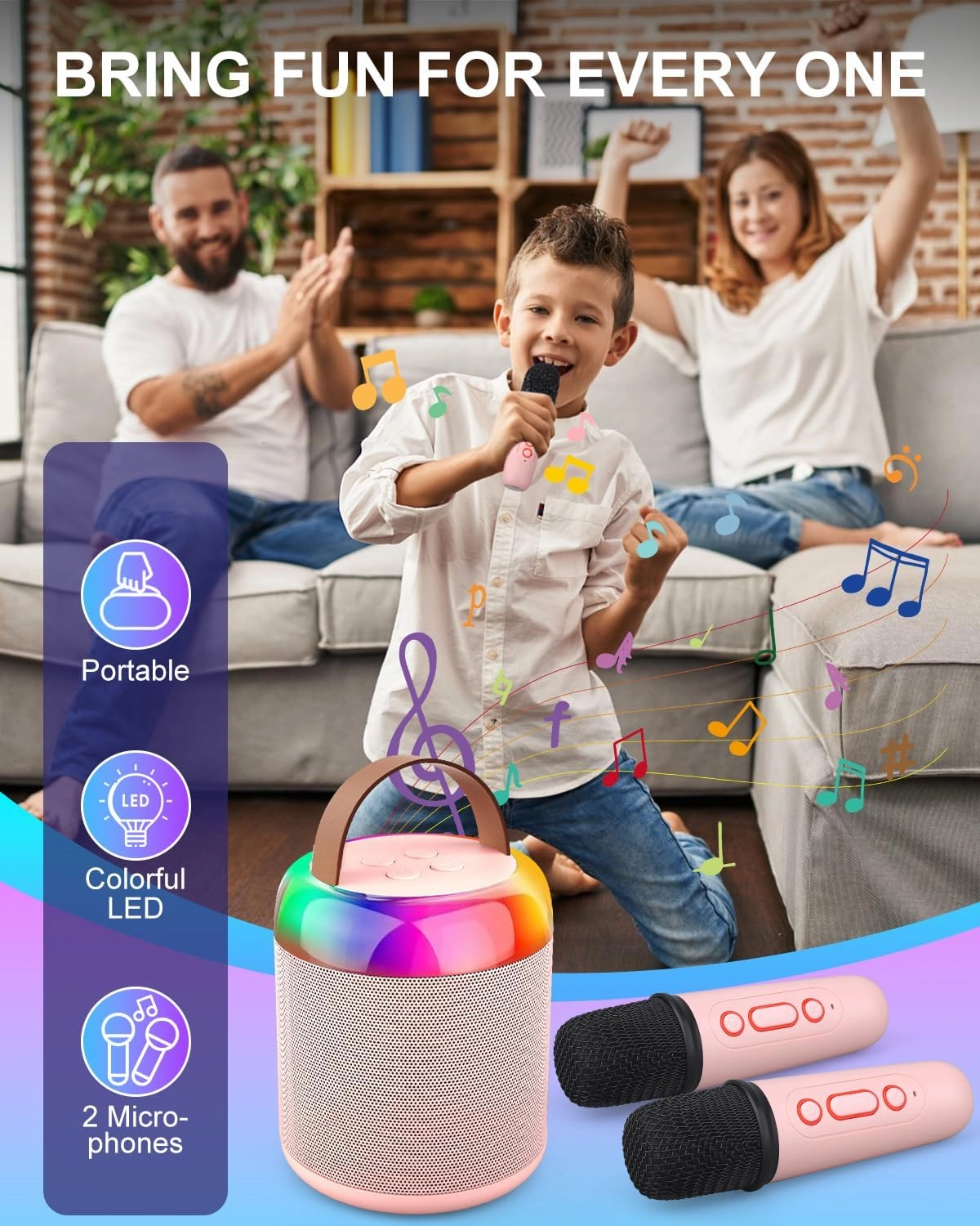 Mini Party Karaoke Machine Toy for Kids Audlts, Portable Led Karaoke Toy Speaker with 2 Wireless Microphones for Girls Boys Birthday, Holiday Stocking Stuffer Party Favors Supplies