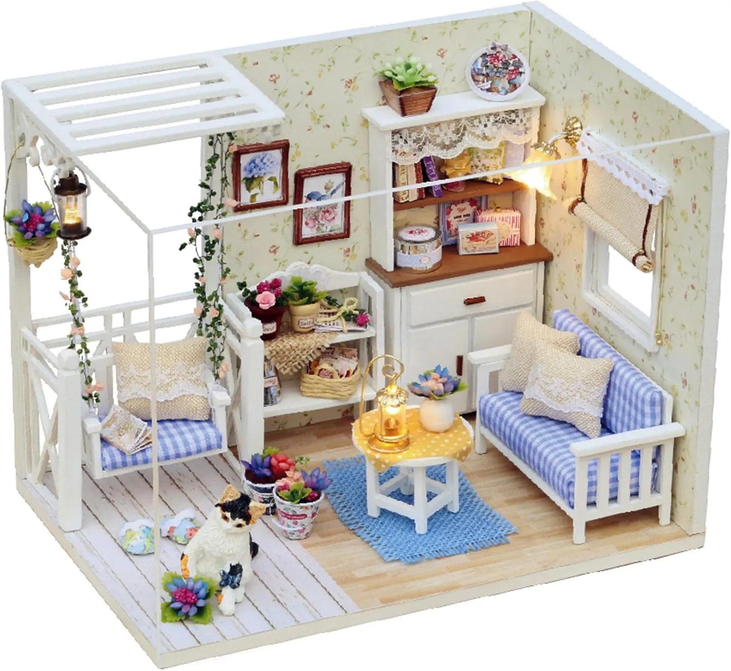 Miniature Dollhouse DIY Set with Decoration Furniture and LED Lights, Kitten Diary Style, 1;24 Scale DIY Dollhouse with English Instructions