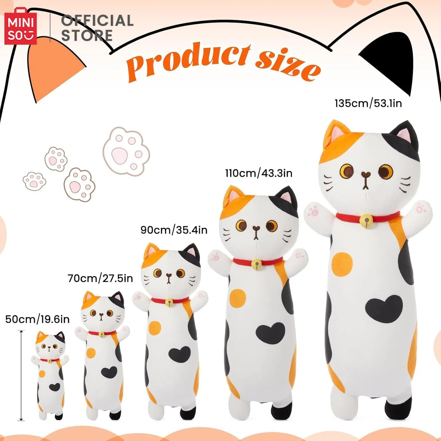 MINISO Long Cat Plush Pillow Kitten Body Pillow Stuffed Animals Soft Throw Sleeping Pillow Kawaii Cuddle Cartoon Stuffed Plush Toy for Kids Boys Girls, 53"