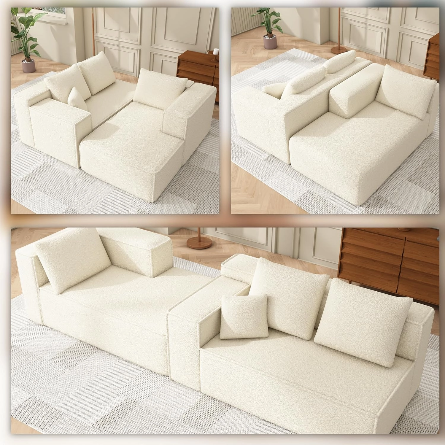Modular Sectional Sleeper Sofa,L-Shape Chaise,7-Seater Sofa,Upholstered Couches for Living Room Bedroom,No Assembly,White