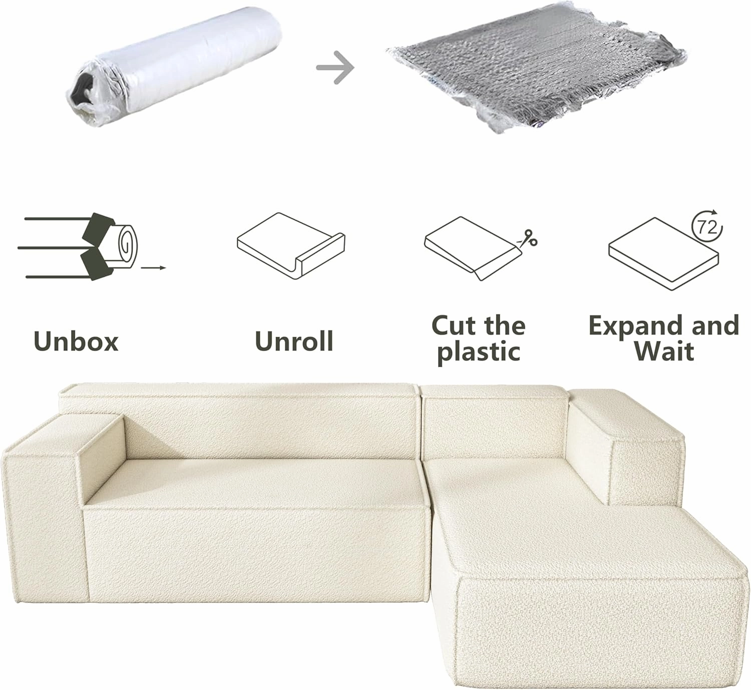 Modular Sectional Sleeper Sofa,L-Shape Chaise,7-Seater Sofa,Upholstered Couches for Living Room Bedroom,No Assembly,White