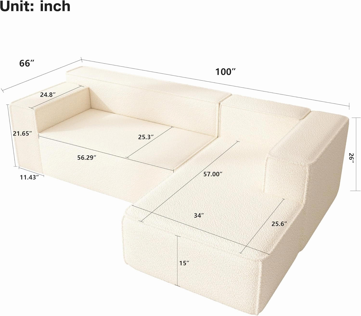 Modular Sectional Sleeper Sofa,L-Shape Chaise,7-Seater Sofa,Upholstered Couches for Living Room Bedroom,No Assembly,White