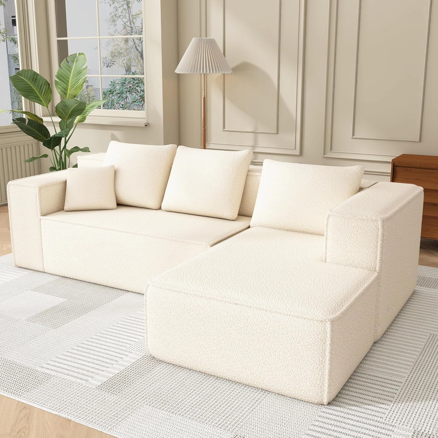 Modular Sectional Sleeper Sofa,L-Shape Chaise,7-Seater Sofa,Upholstered Couches for Living Room Bedroom,No Assembly,White
