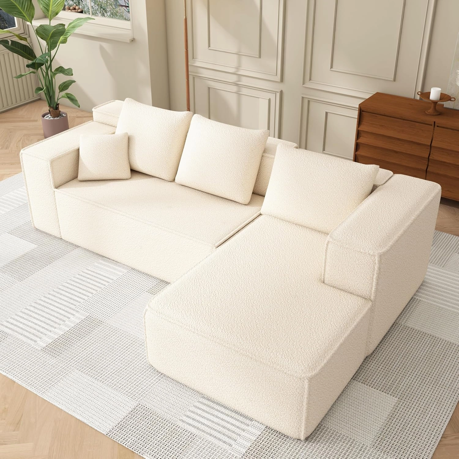 Modular Sectional Sleeper Sofa,L-Shape Chaise,7-Seater Sofa,Upholstered Couches for Living Room Bedroom,No Assembly,White