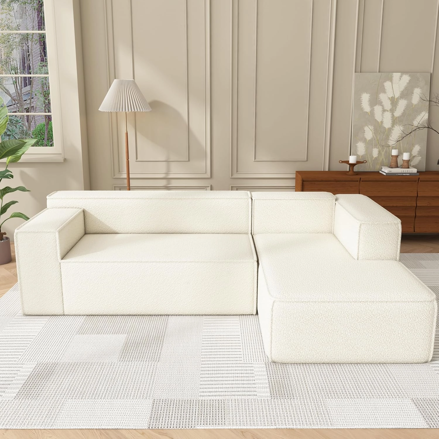Modular Sectional Sleeper Sofa,L-Shape Chaise,7-Seater Sofa,Upholstered Couches for Living Room Bedroom,No Assembly,White