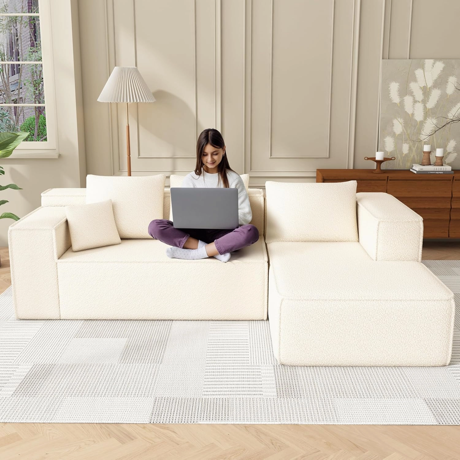 Modular Sectional Sleeper Sofa,L-Shape Chaise,7-Seater Sofa,Upholstered Couches for Living Room Bedroom,No Assembly,White