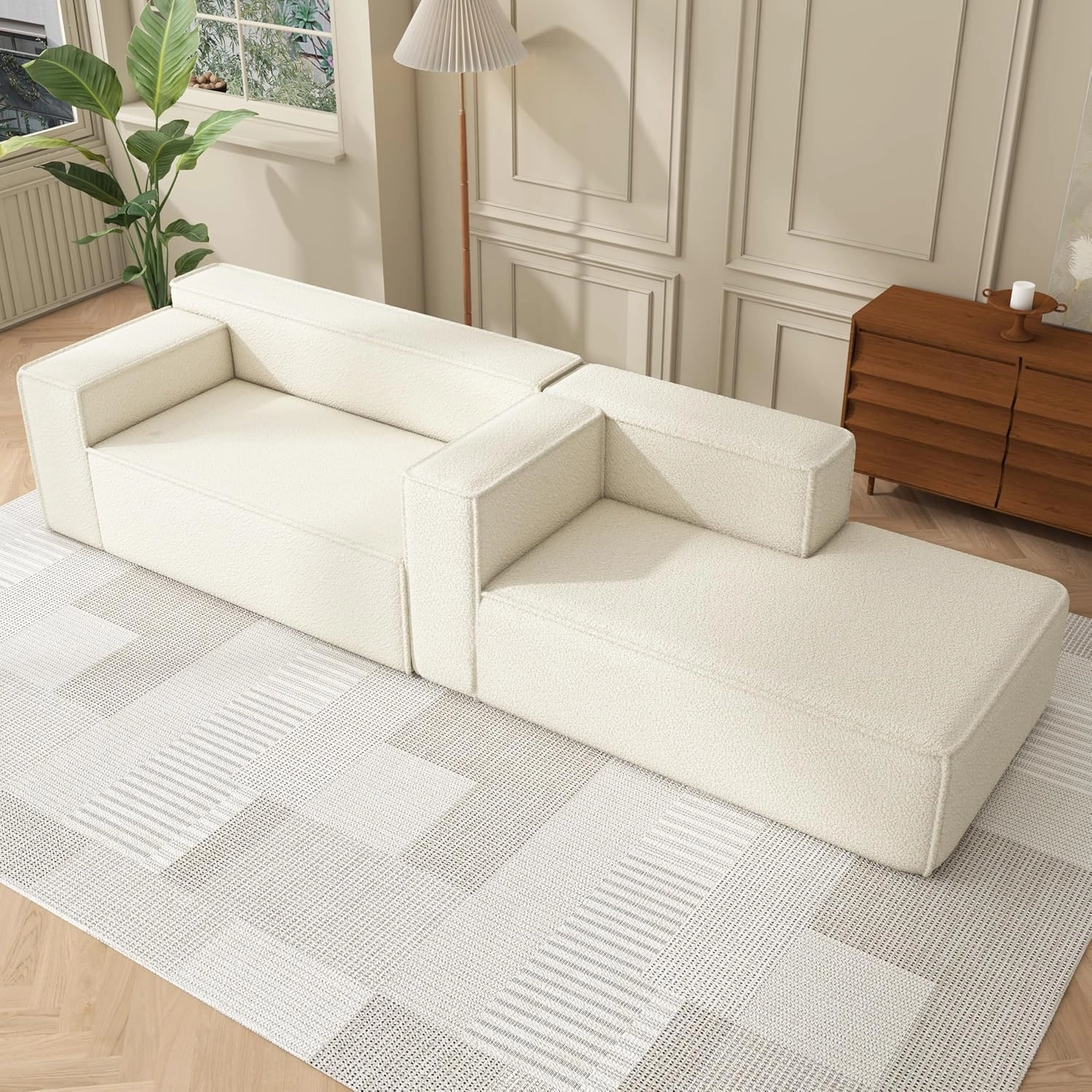 Modular Sectional Sleeper Sofa,L-Shape Chaise,7-Seater Sofa,Upholstered Couches for Living Room Bedroom,No Assembly,White