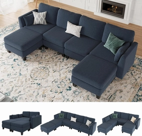 Modular Sectional Sofa, 6 Seat Comfy Modular Sofa Couch with High Density Memory Foam, Convertible U Shaped Sofa Couch for Living Room, Modern U Shaped Sectional Sofa Blue