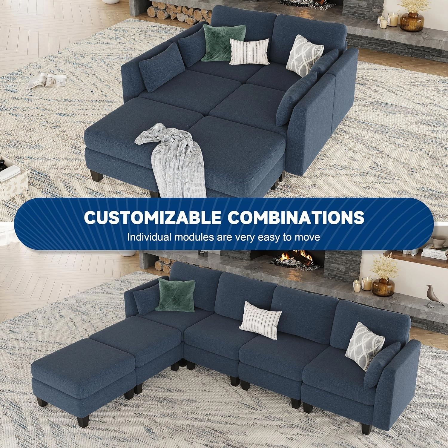 Modular Sectional Sofa, 6 Seat Comfy Modular Sofa Couch with High Density Memory Foam, Convertible U Shaped Sofa Couch for Living Room, Modern U Shaped Sectional Sofa Blue
