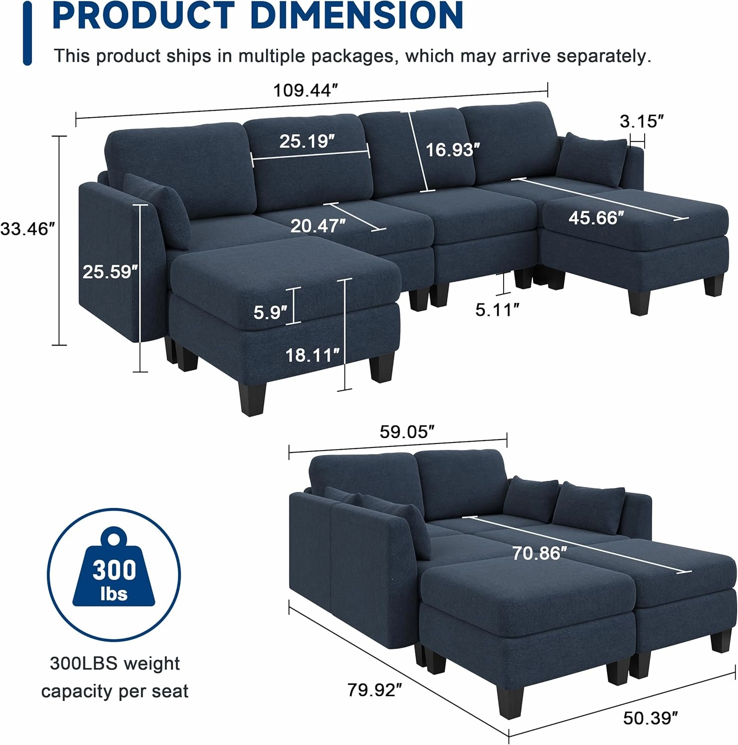 Modular Sectional Sofa, 6 Seat Comfy Modular Sofa Couch with High Density Memory Foam, Convertible U Shaped Sofa Couch for Living Room, Modern U Shaped Sectional Sofa Blue