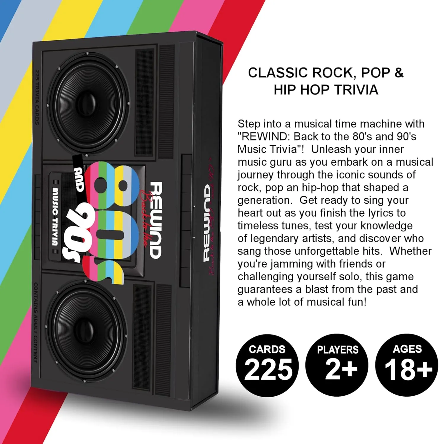 Mojo Games, Rewind, Back to The 80's and 90's Music Trivia - Nostalgic Pop Culture, Rock, Pop and Hip Hop Card Game for Family and Friends Game Night (Music Trivia)