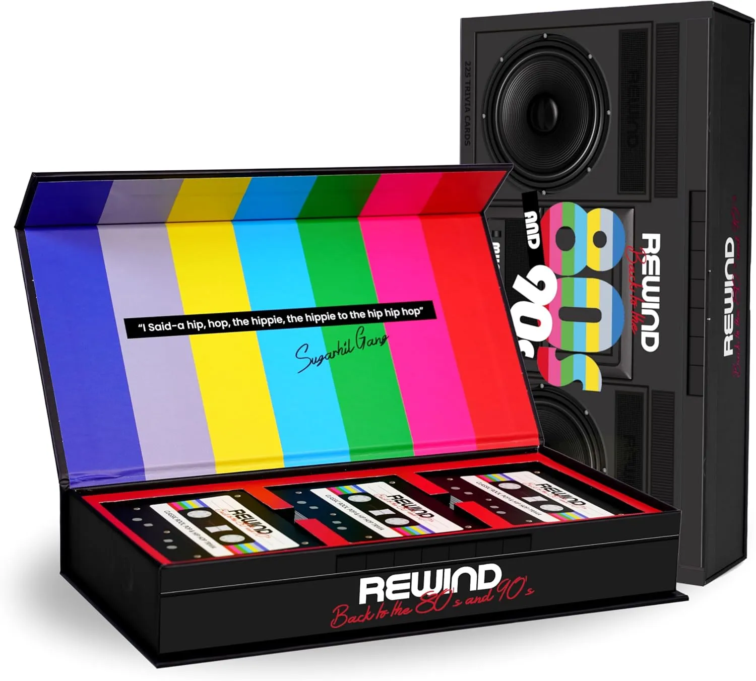 Mojo Games, Rewind, Back to The 80's and 90's Music Trivia - Nostalgic Pop Culture, Rock, Pop and Hip Hop Card Game for Family and Friends Game Night (Music Trivia)