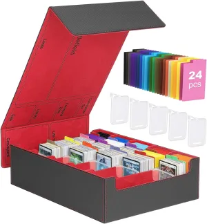 MoKo Trading Card Storage Box, 3800  MTG Deck Box with 24 Colorful Dividers & 5 Card Supporters, 5 Row Commander Card Deck Box Fits for HD Magic Game Cards, YugiOh, TCG, PTG and Sport Cards, Black Red