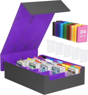 MoKo Trading Card Storage Box, 3800  MTG Deck Box with 24 Colorful Dividers & 5 Card Supporters, 5 Row Commander Card Deck Box Fits for Magic Game Cards, YugiOh, TCG, PTG and Sport Cards, Black Purple