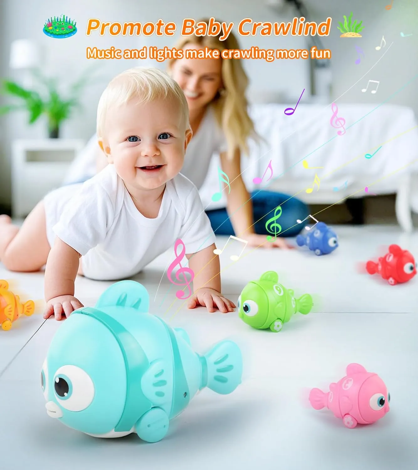 Montessori Fishing Toy Set for Toddlers, Car Trains Set with 6 Fish, Musical and Lighting Interactive Toy for Baby Infant, Montessori Learning STEM Toy Gift
