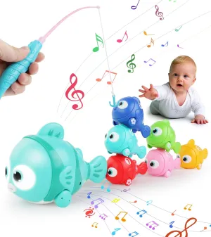 Montessori Fishing Toy Set for Toddlers, Car Trains Set with 6 Fish, Musical and Lighting Interactive Toy for Baby Infant, Montessori Learning STEM Toy Gift