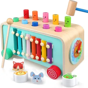Montessori Hammer Pounding Toy for Baby Boys Girls 2 3 4 Years Old, Early Learning Educational Fine Motor Toy with Pounding, Xylophone,Clock Animal Shape Cart for Kids Toddlers Preschoolers