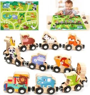 Montessori Toys for 1 2 3 Year Old Boys, Toddler Toy 2-3 Years Girls Boy Gifts Magnetic Wooden Train Kids Toys for Ages 2-4 Preschool Learning Activities Farm Animals with Track Mat