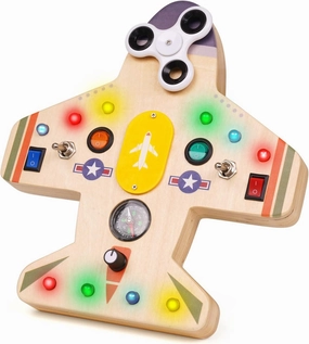 Montessori Toddler Busy Board, Baby Airplane Wooden Busy Board with 10 LED Light switches, Sensory Board Toys Light Educational Switch Toys Travel Toys for Boys Girls Gifts for Birthday Christmas
