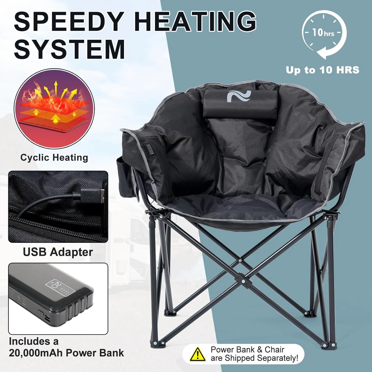 MOPHOTO Heated Camping Chair, Portable Heated Camping Chairs Outdoor, Padded Oversized Heated Folding Chairs Outdoor Sports, Heating Lawn Chair Patio Lounge Chairs for Adults