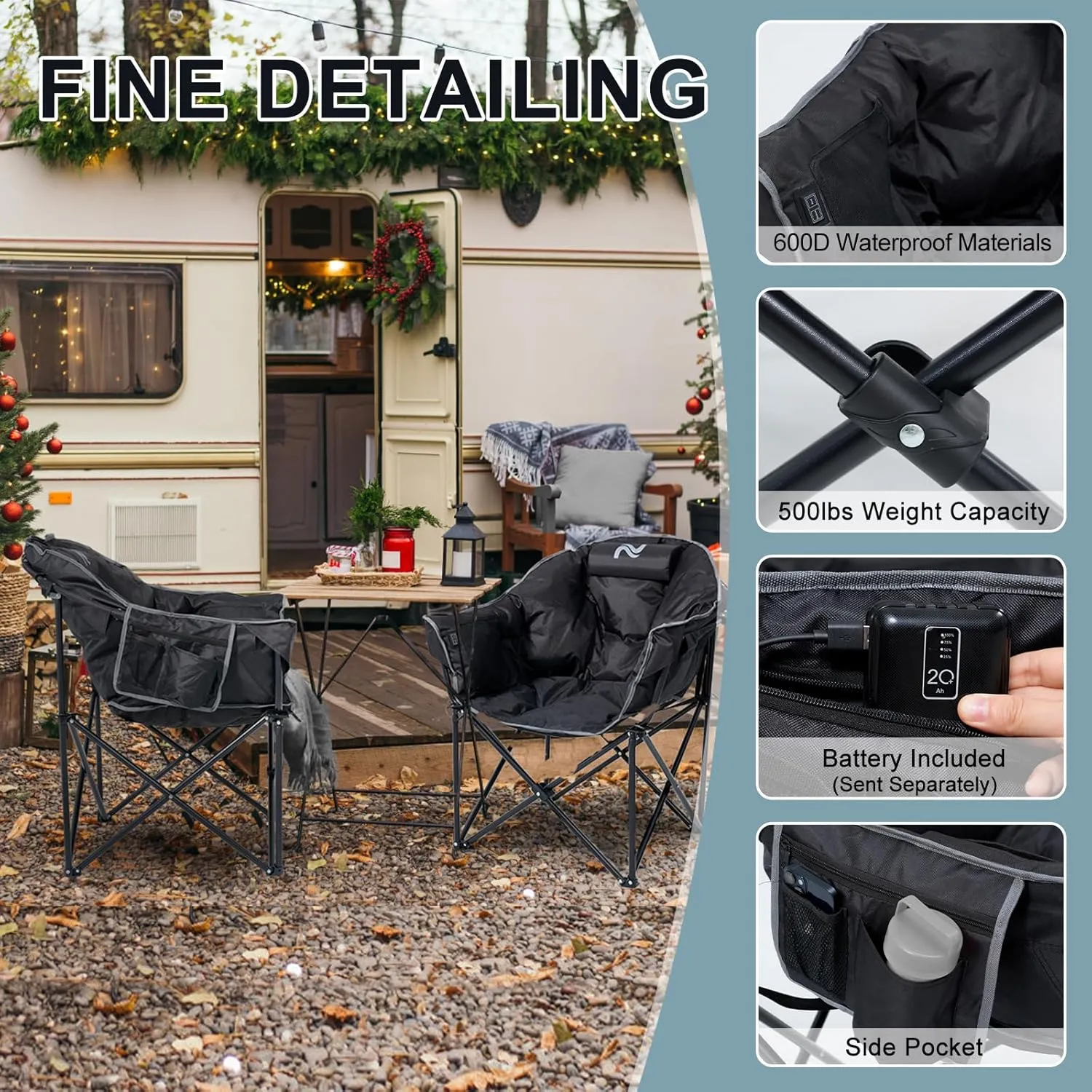 MOPHOTO Heated Camping Chair, Portable Heated Camping Chairs Outdoor, Padded Oversized Heated Folding Chairs Outdoor Sports, Heating Lawn Chair Patio Lounge Chairs for Adults