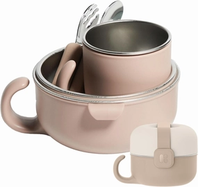 MOTHER-K Stainless Steel Kids Dinnerware Set | 2 Bowls, Cup, Fork&Spoon, Lid | Perfect for Travel, Camping, Picnic, Outdoor (Pink Beige)