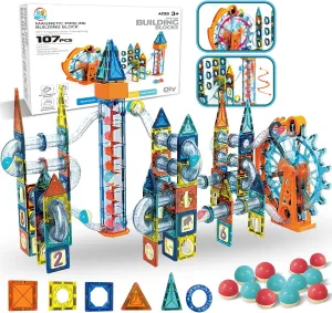 Motorized Marble Run Set, 107-Piece Magnetic Tile Building Toy with Ferris Wheel & Elevator, Marble Runs for Kids 4-8, Marble Maze Game Building Toy, Perfect STEM Educational Gift for Kids Ages 4-12