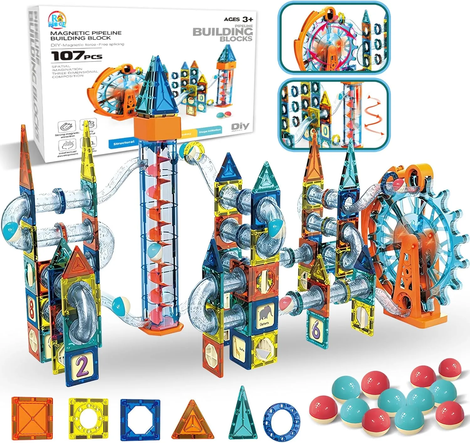 Motorized Marble Run Set, 107-Piece Magnetic Tile Building Toy with Ferris Wheel & Elevator, Marble Runs for Kids 4-8, Marble Maze Game Building Toy, Perfect STEM Educational Gift for Kids Ages 4-12