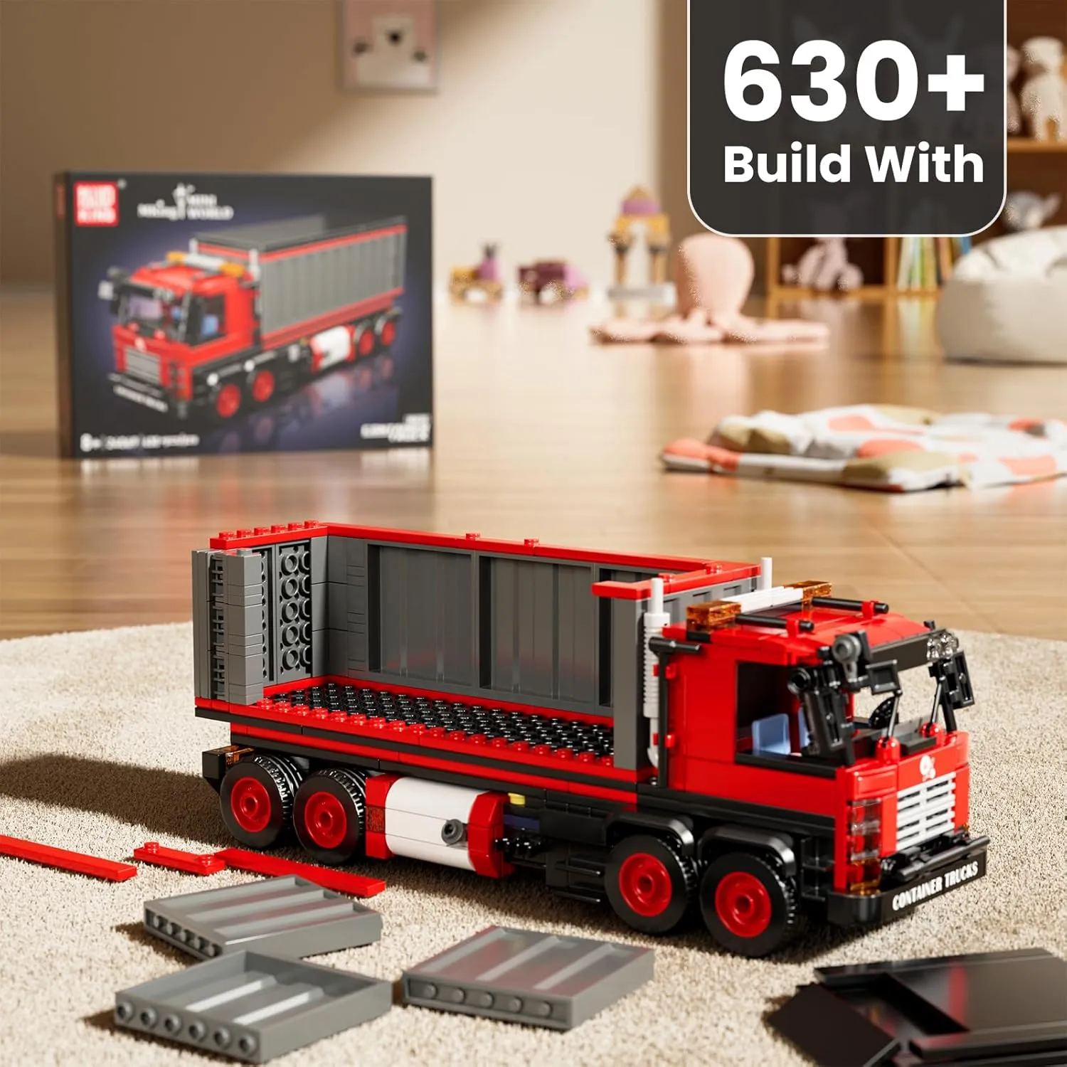 Mould King Red Container Truck Building Set, Toy Realistic American Style Trucks for Boys Aged 8 , 24069 Realistic Trailer Car Model with Detailed Interior, Collectible Blocks for Adults (630 Pieces)