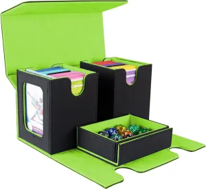 MTG Commander Deck Box - Portable Double Card Deck Box Fits 200 Double Sleeved Cards, Durable Magnetic Cards Case, Includes Dice Tray, Magnetic Card Holders and Dividers, Black/Green