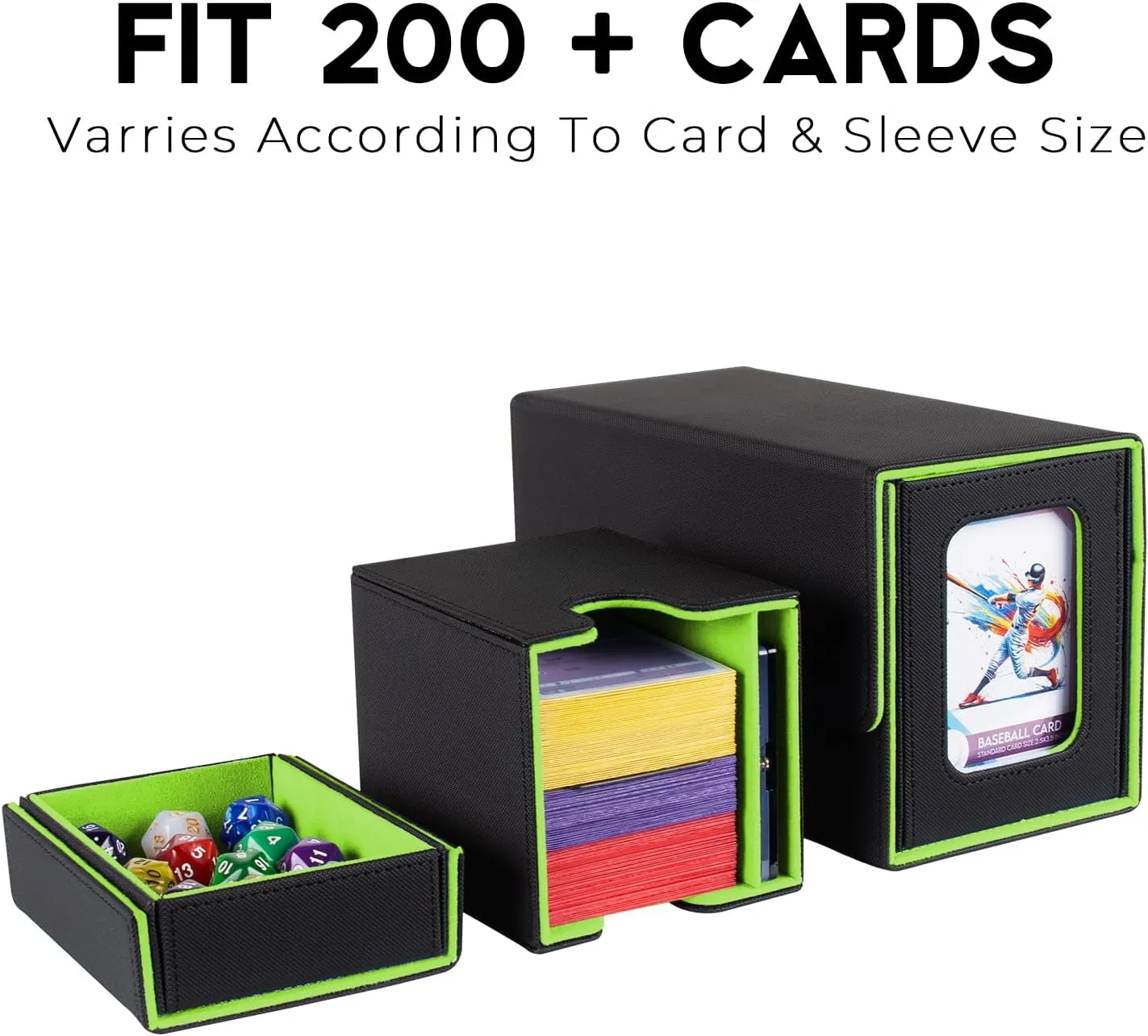 MTG Commander Deck Box - Portable Double Card Deck Box Fits 200 Double Sleeved Cards, Durable Magnetic Cards Case, Includes Dice Tray, Magnetic Card Holders and Dividers, Black/Green